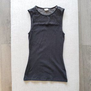 Black sleeveless top with mesh neckline